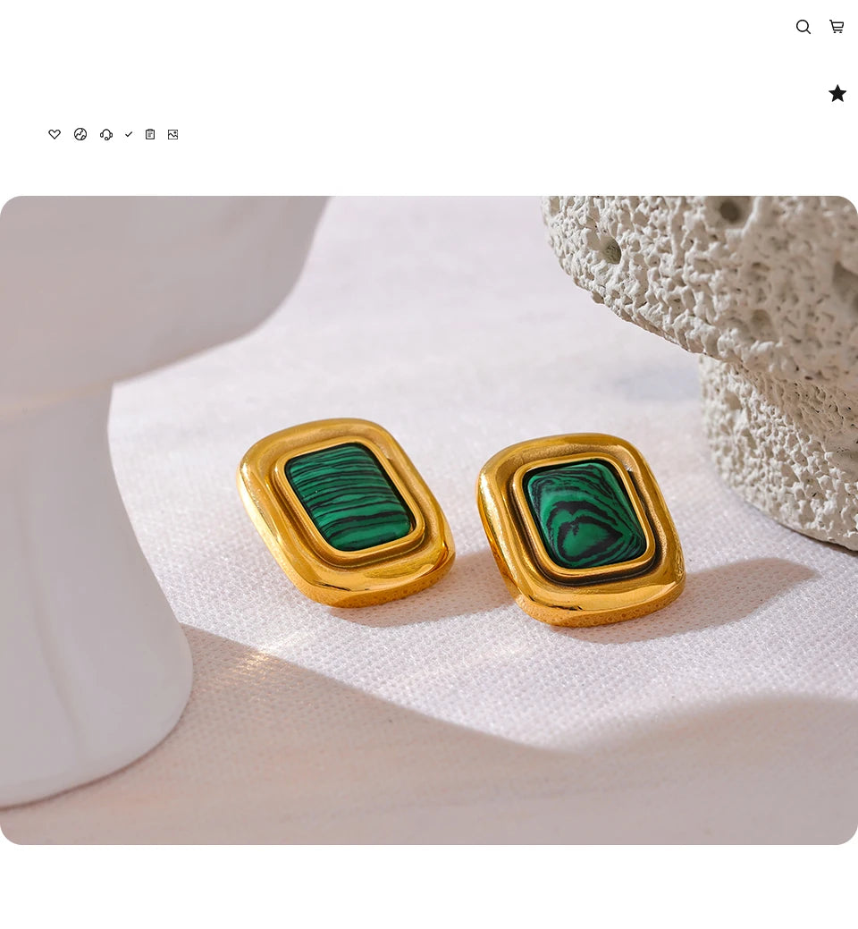 Yhpup Fashion Malachite Stone Stainless Steel Square Temperament Stud Earrings 18K Gold Color Waterproof Charm Jewelry for Women