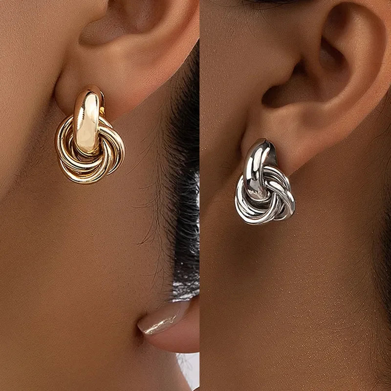 2 Pair Set Gold SIlver Color Knot Hoop Earring Set For Women Shiny Plating Trendy Earring Stud Cute Daily Wear Jewelry Set