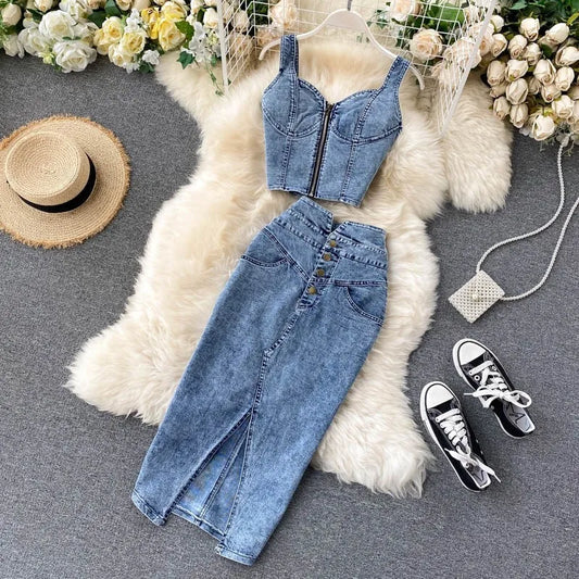 denim 2 piece set women, summer top and skirt two piece set Sexy elegant 2025 fashion midi skirt new in matching