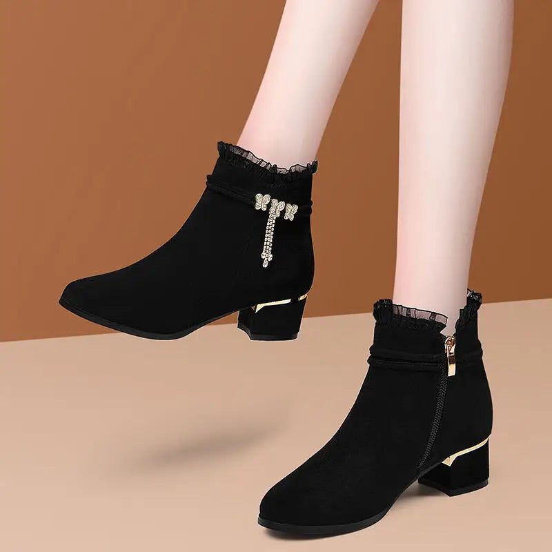 Women's Bow Rhinestone Short Boots Round Head Chunky Heel Shoes Side Zip Tassel Pendant Comfortable Non-slip Party High Heels