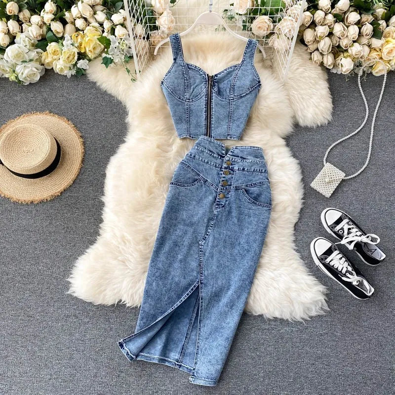 denim 2 piece set women, summer top and skirt two piece set Sexy elegant 2025 fashion midi skirt new in matching