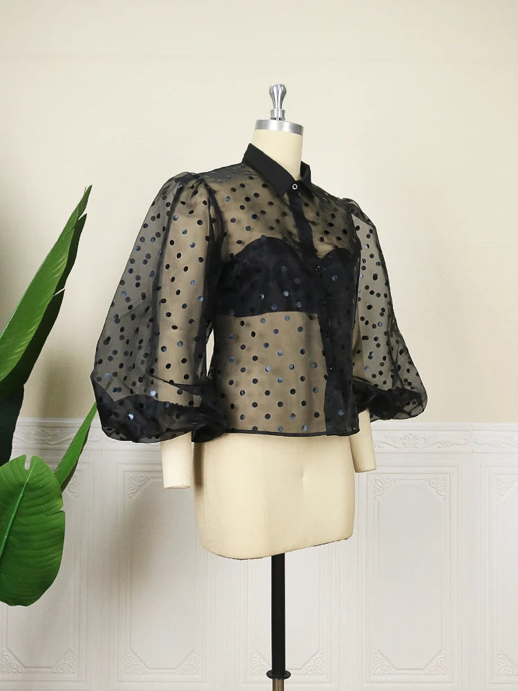 Plus Size Tops Rose Turn Down Collar Long Puff Sleeve See Through Organza Polka Dot Blouse Office Lady Evening Party Shirts Top