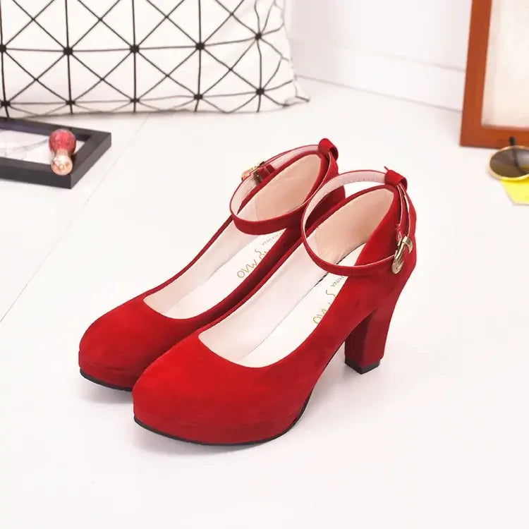 Spring Women Pumps Flock Sweet Thick High Heels Ankle Strap Female Platform Classic Round Toe Dress Cute Shoes Ladies Footwear