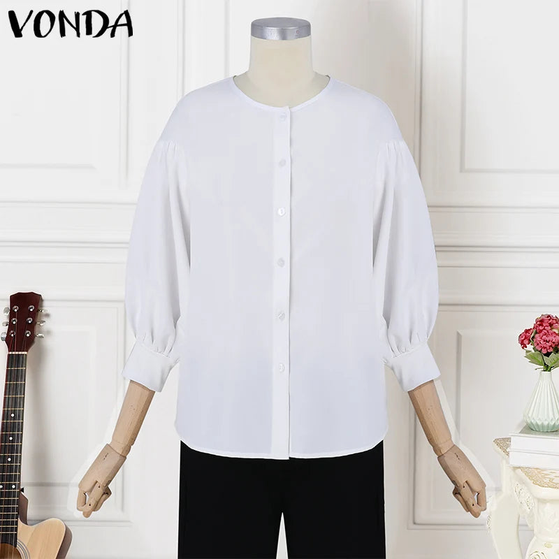 Plus Size VONDA Women Elegant Blouse Casual Lantern Quarter Sleeve Shirts Solid Color Button Round Neck Blusas Lady Office Tops