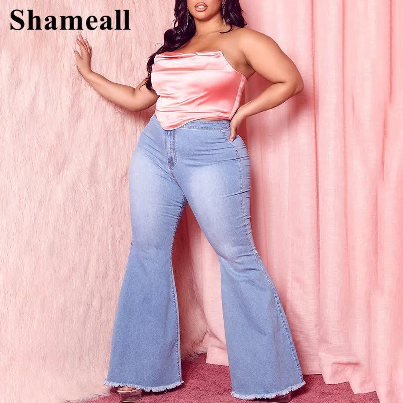 Plus Size High Waist Spliced Flared Jeans Mom 4XL Women Comfortable Elastic Tight Fringe Hem Wide Leg Trousers Women Bell Bottom