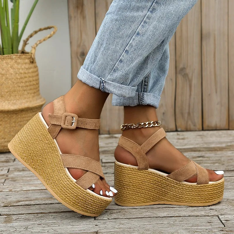 Fashion Wedge Sandals for Women Summer 2022Casual Non-slip Peep Toe Platform Shoes Rubber Sole Buckle Elegant Heel Woman Sandale