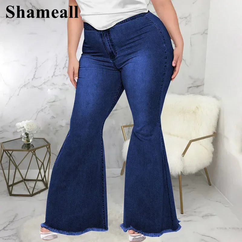 Plus Size High Waist Spliced Flared Jeans Mom 4XL Women Comfortable Elastic Tight Fringe Hem Wide Leg Trousers Women Bell Bottom