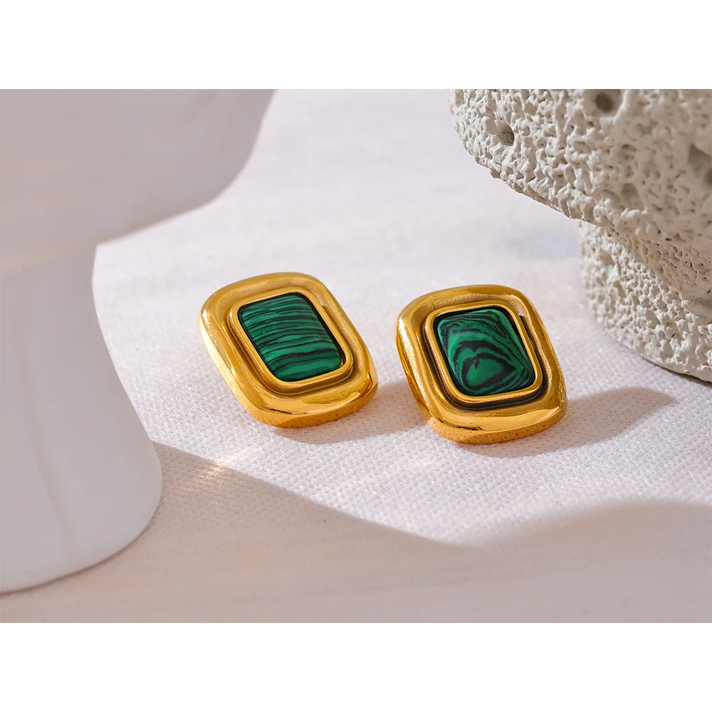 Yhpup Fashion Malachite Stone Stainless Steel Square Temperament Stud Earrings 18K Gold Color Waterproof Charm Jewelry for Women