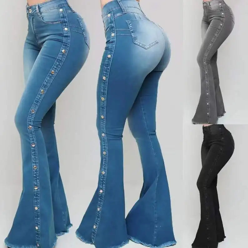 Stylish Flare Jeans Control Tummy Skin-Touch Skinny Flare Jeans Women Wide Leg Flare Denim Trousers