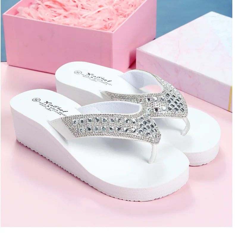 Women Summer Sandals Sequins Beach Female Flip Flops Ladies Slippers High Heels Shoes For Women 2024 Platform Wedges Slippers