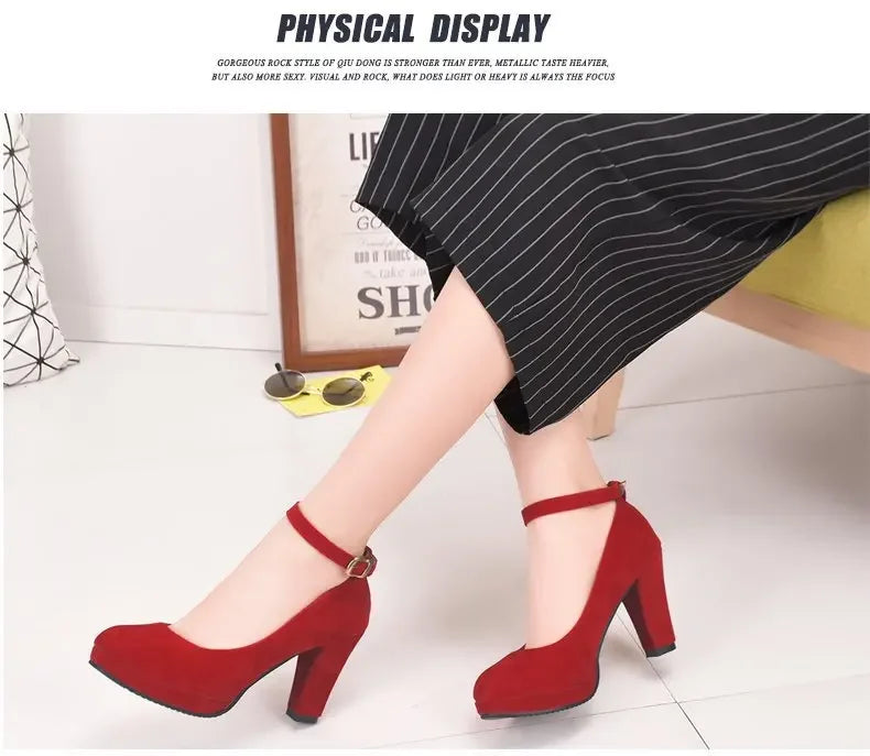 Spring Women Pumps Flock Sweet Thick High Heels Ankle Strap Female Platform Classic Round Toe Dress Cute Shoes Ladies Footwear