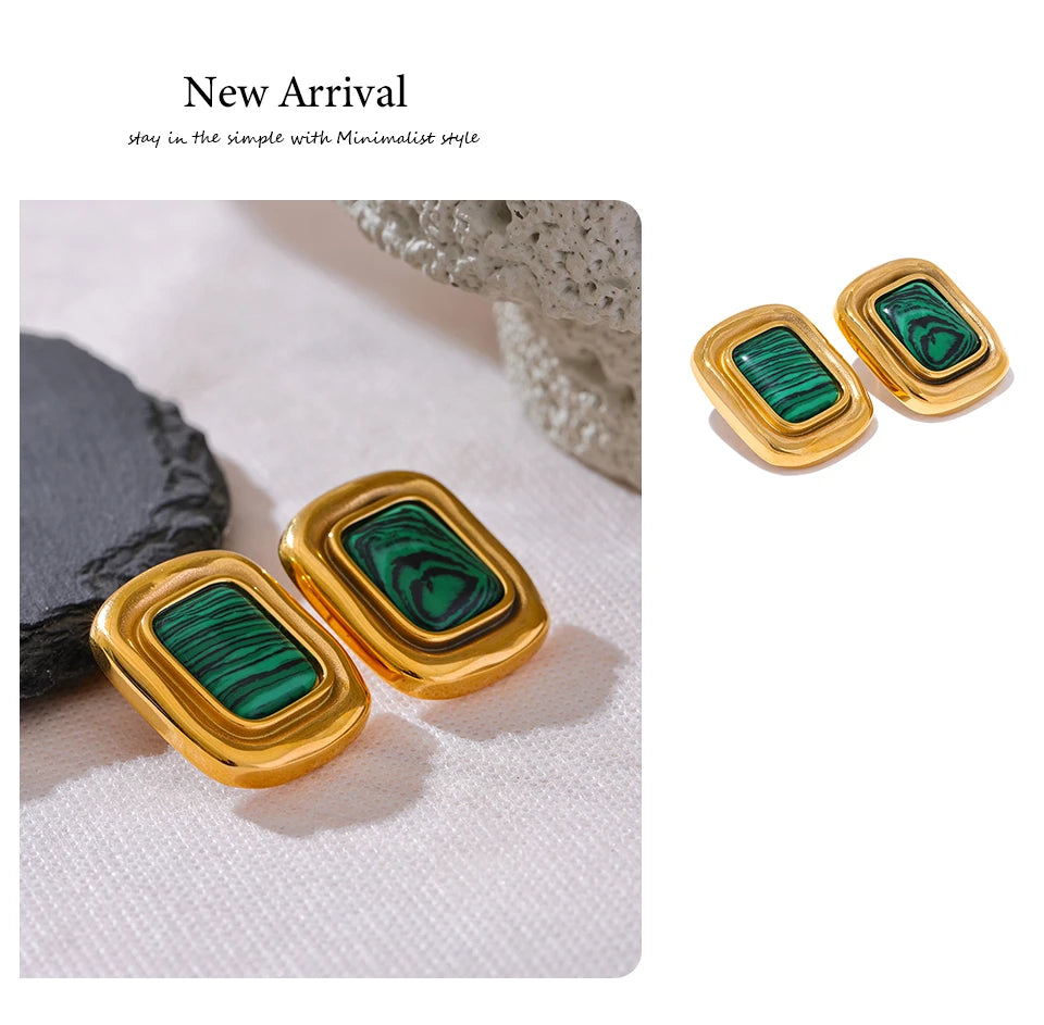 Yhpup Fashion Malachite Stone Stainless Steel Square Temperament Stud Earrings 18K Gold Color Waterproof Charm Jewelry for Women