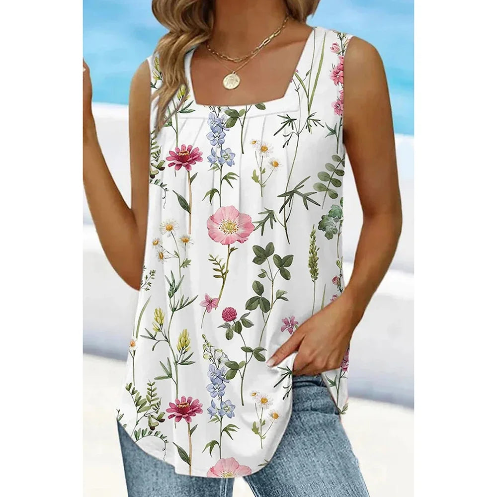 Plus Size Casual White Fold Floral Print Square Neck Tank Top