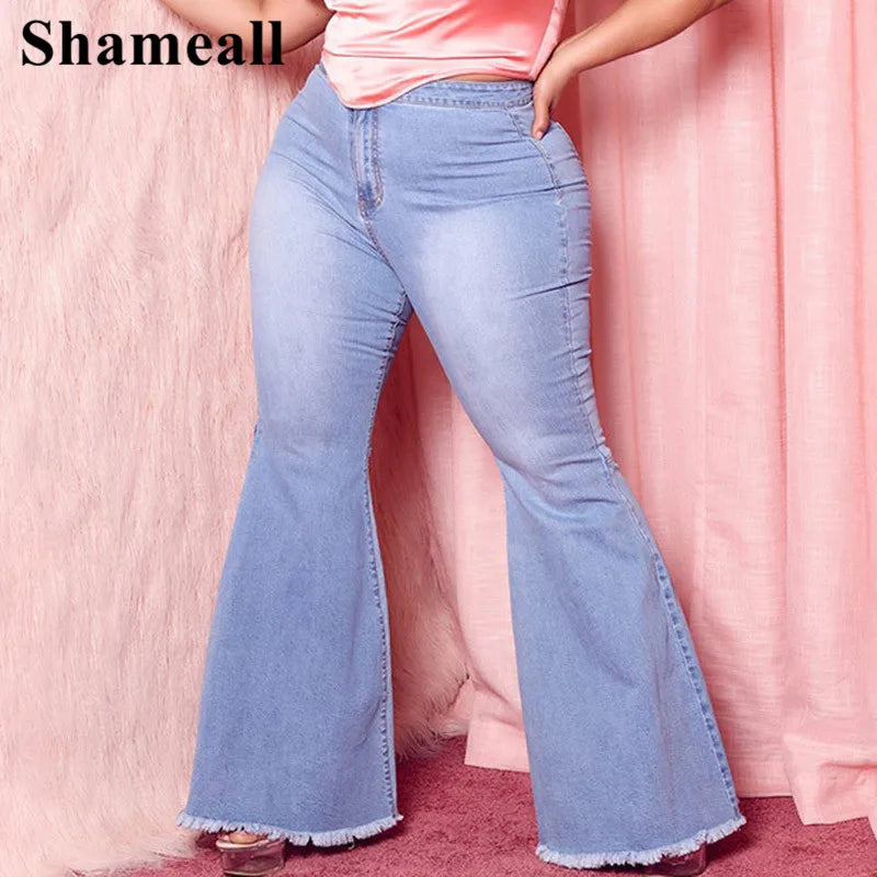 Plus Size High Waist Spliced Flared Jeans Mom 4XL Women Comfortable Elastic Tight Fringe Hem Wide Leg Trousers Women Bell Bottom