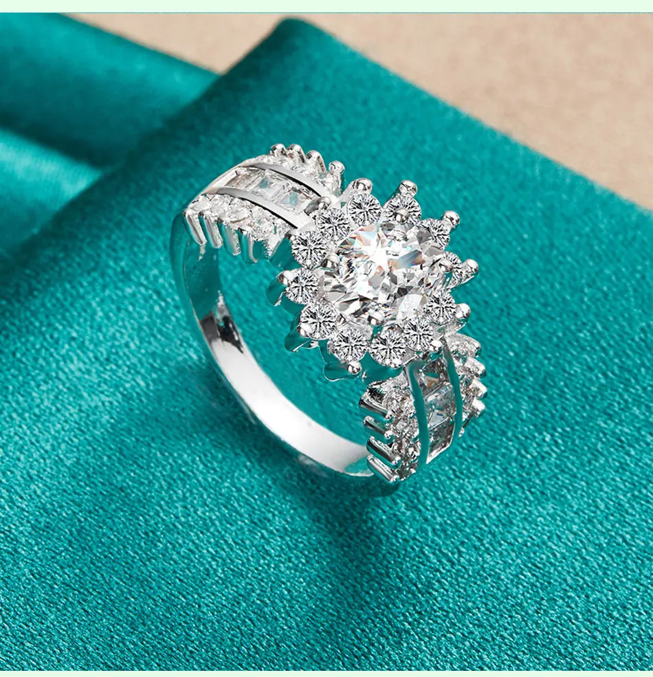 SHSTONE 925 Sterling Silver Fashion Zircon Sunflower Ring For Women Engagement Bridal Wedding Bands Charm Jewelry Accessories