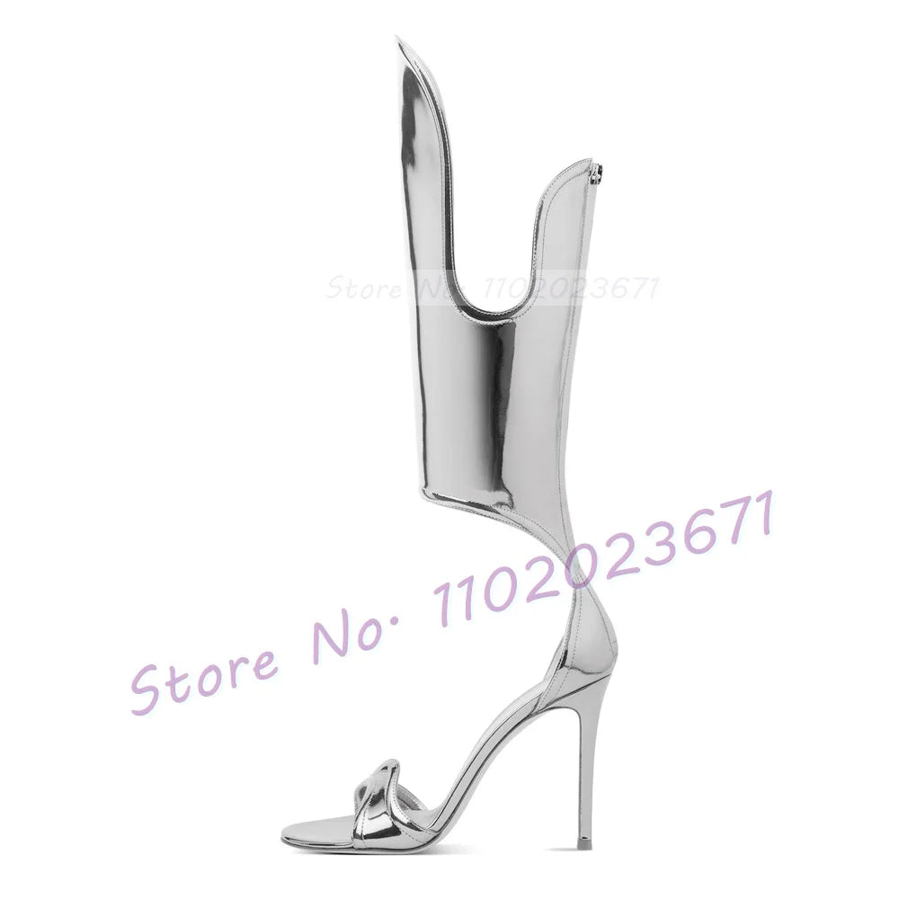 Gold Curved Straps Open Toe Sandals Women Mirrored-leather High Heels Stylish Shoes Ladies Elegant Back Zipper Party Sandals