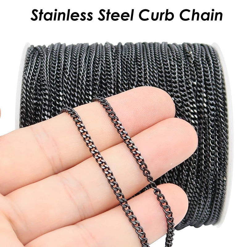 10 Meters - Black Chain Stainless Steel Curb Chain Gold Color Bulk Chain for Jewelry Making, Curb Link Chain for Women Necklace