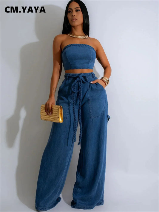 CM.YAYA Fashion Denim Women's Set Strapless Crop Top and Wide Leg Jeans Pants Suit 2024 Street Two 2 Piece Sets Outfit Tracksuit