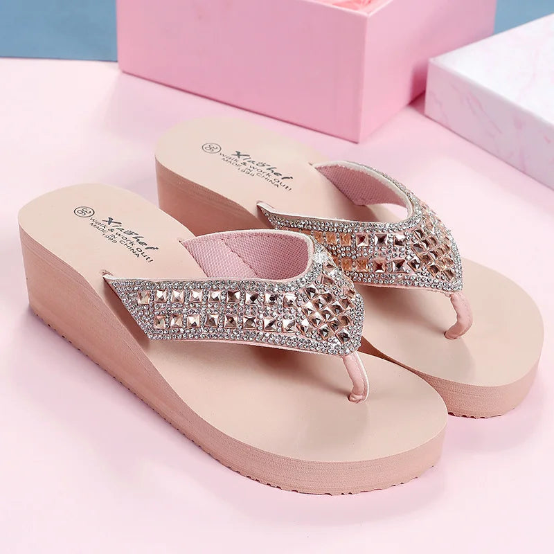 Women Summer Sandals Sequins Beach Female Flip Flops Ladies Slippers High Heels Shoes For Women 2024 Platform Wedges Slippers