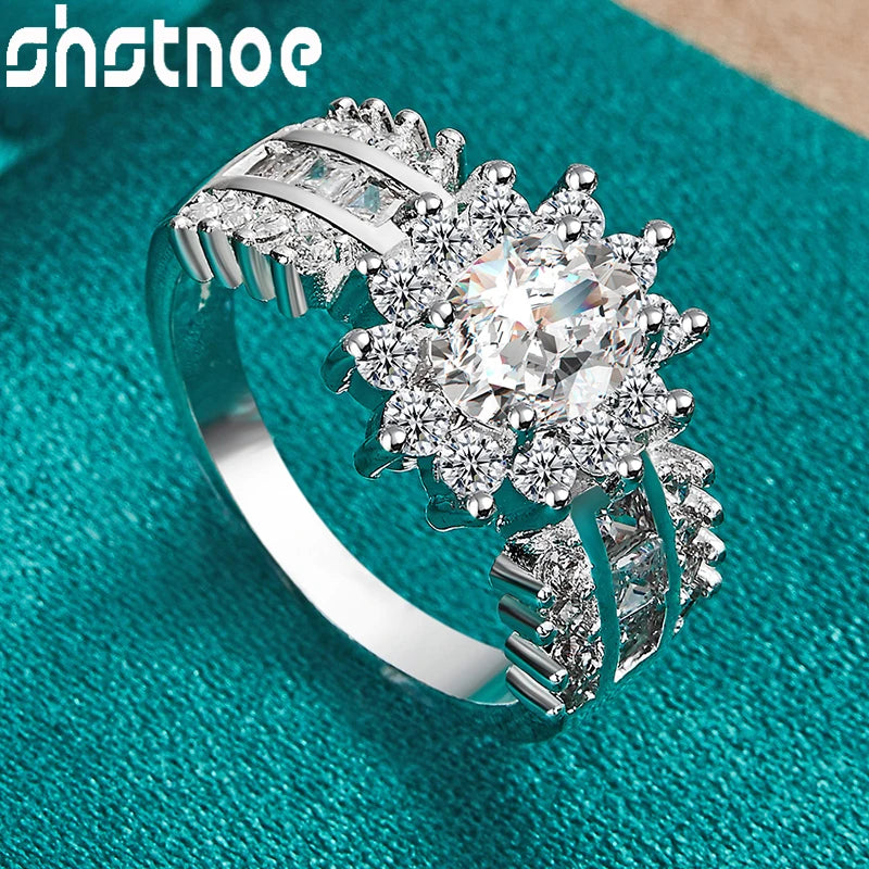 SHSTONE 925 Sterling Silver Fashion Zircon Sunflower Ring For Women Engagement Bridal Wedding Bands Charm Jewelry Accessories