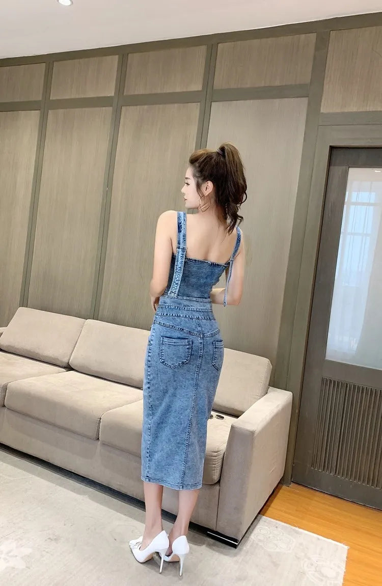 denim 2 piece set women, summer top and skirt two piece set Sexy elegant 2025 fashion midi skirt new in matching