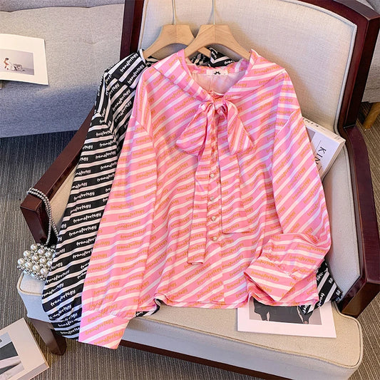 Plus size women's spring casual personality shirt Hooded design bow embellish party top Striped polyester commuter shirt