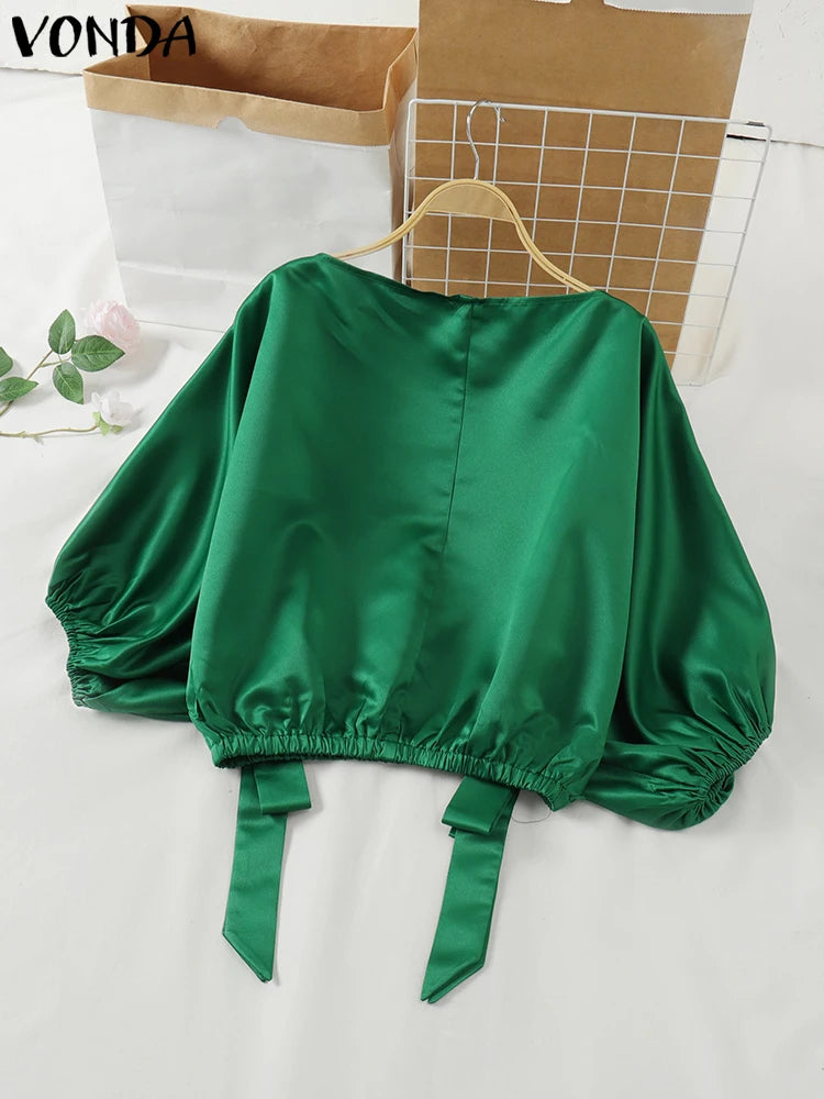 Plus Size Satin Silk Top Women Blouses Casual Long Lantern Sleeve Oversized Solid Color Blusas VONDA 2024 Bohemian O-Neck Tunic