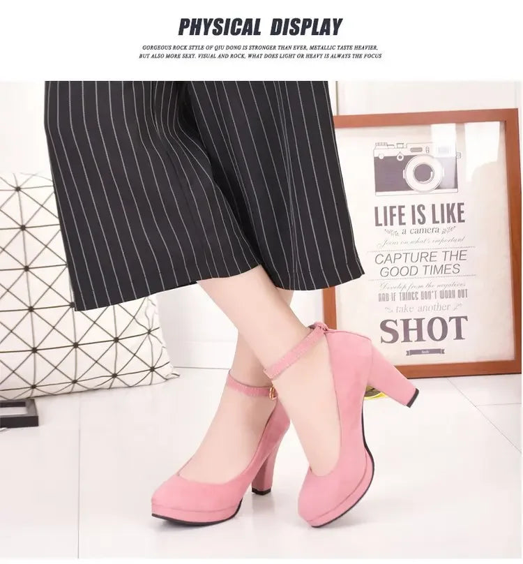 Spring Women Pumps Flock Sweet Thick High Heels Ankle Strap Female Platform Classic Round Toe Dress Cute Shoes Ladies Footwear