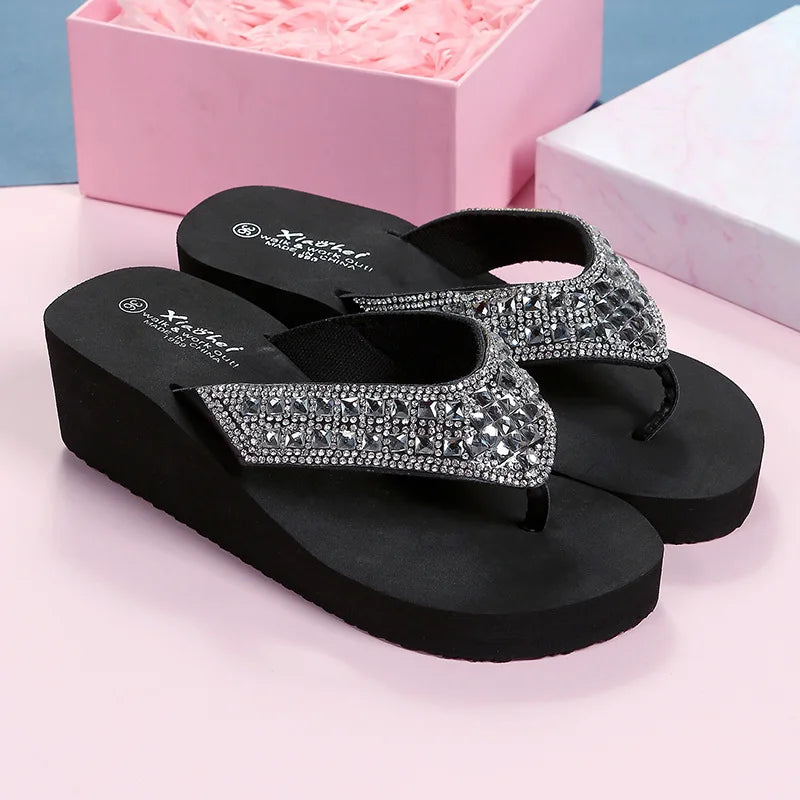 Women Summer Sandals Sequins Beach Female Flip Flops Ladies Slippers High Heels Shoes For Women 2024 Platform Wedges Slippers