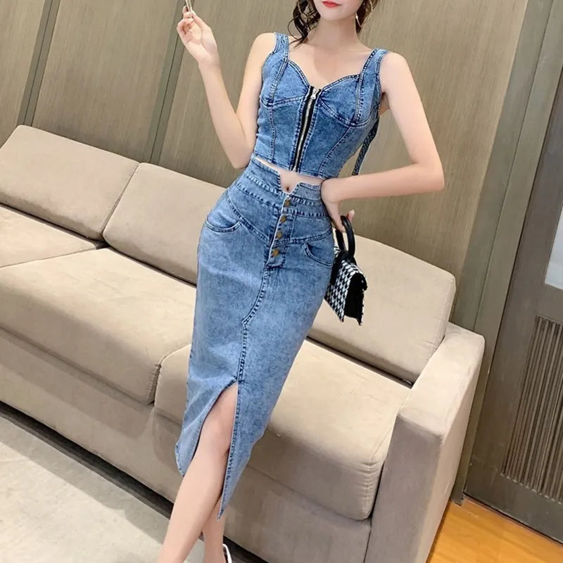 denim 2 piece set women, summer top and skirt two piece set Sexy elegant 2025 fashion midi skirt new in matching