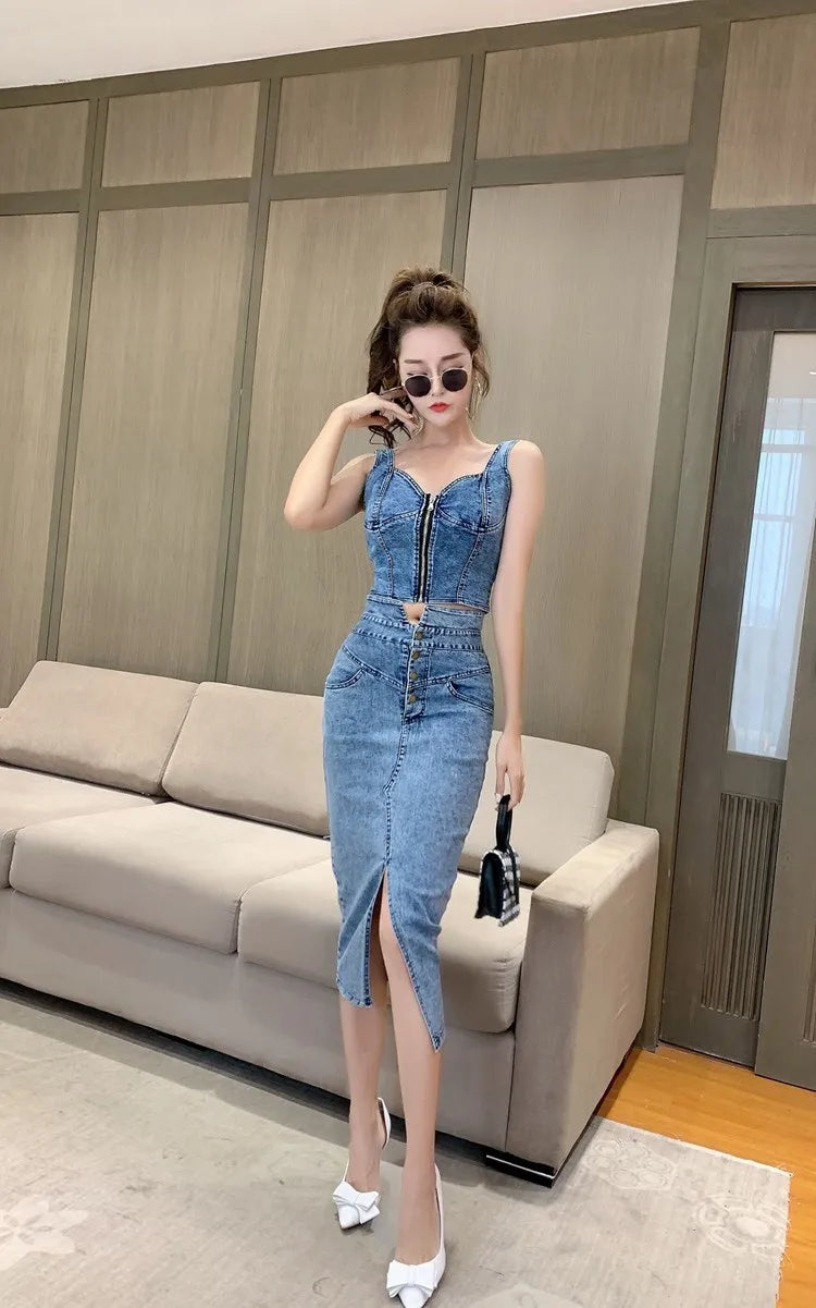 denim 2 piece set women, summer top and skirt two piece set Sexy elegant 2025 fashion midi skirt new in matching