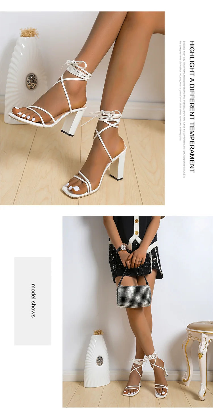 2023 Large Women's Shoes 2023 Summer Women's Sandals Leather Cross Strap High Heels Sexy Square Head Thin Heels High Heels