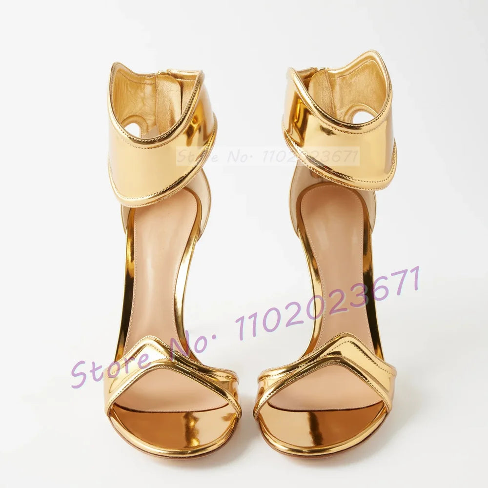 Gold Curved Straps Open Toe Sandals Women Mirrored-leather High Heels Stylish Shoes Ladies Elegant Back Zipper Party Sandals