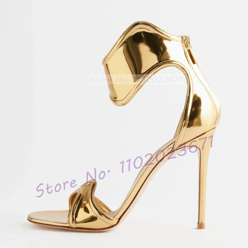 Gold Curved Straps Open Toe Sandals Women Mirrored-leather High Heels Stylish Shoes Ladies Elegant Back Zipper Party Sandals