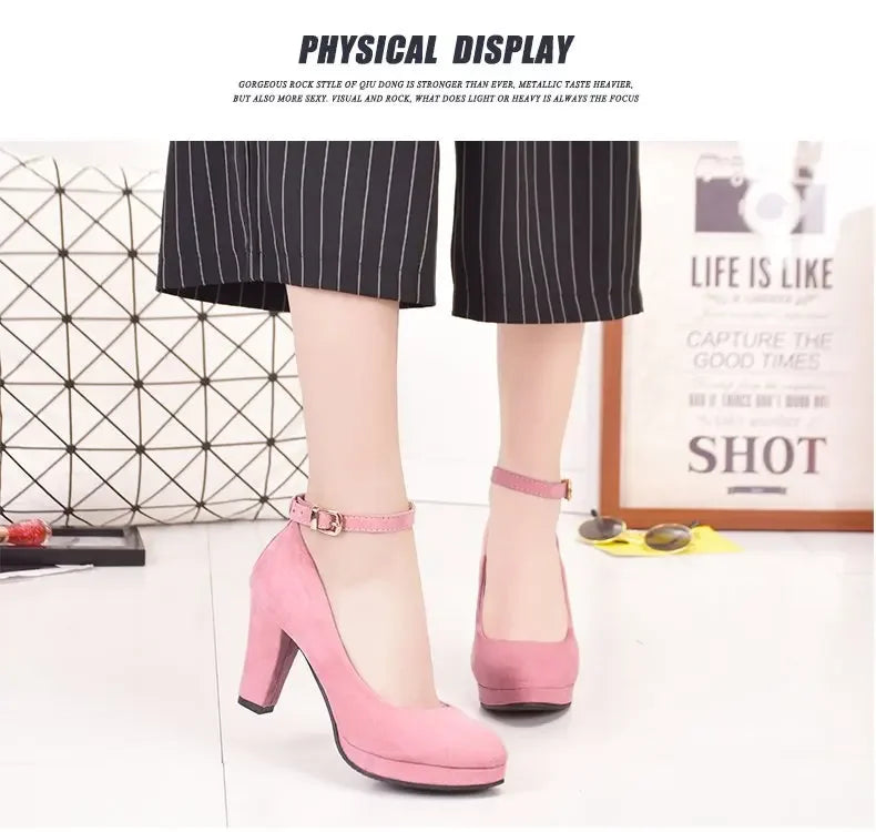 Spring Women Pumps Flock Sweet Thick High Heels Ankle Strap Female Platform Classic Round Toe Dress Cute Shoes Ladies Footwear