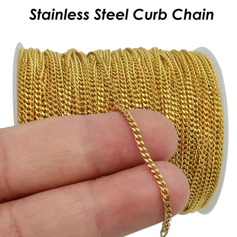 10 Meters - Black Chain Stainless Steel Curb Chain Gold Color Bulk Chain for Jewelry Making, Curb Link Chain for Women Necklace