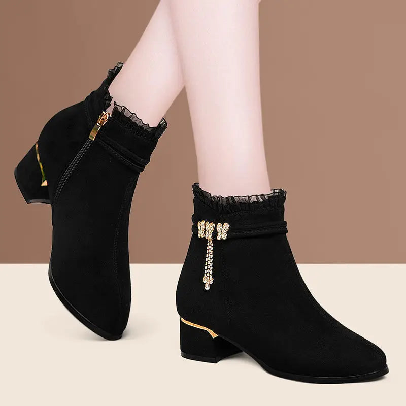 Women's Bow Rhinestone Short Boots Round Head Chunky Heel Shoes Side Zip Tassel Pendant Comfortable Non-slip Party High Heels