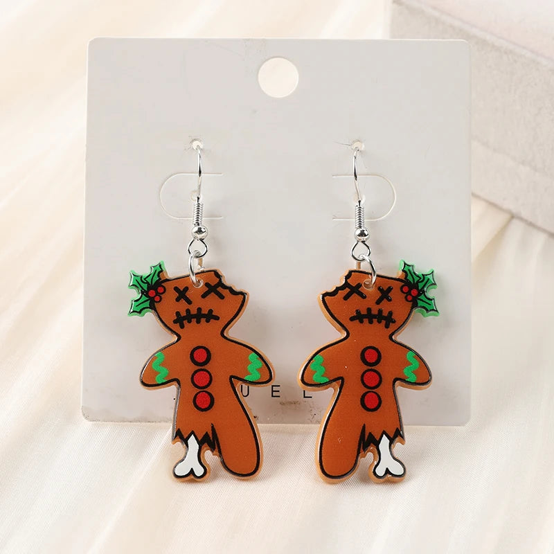 1Pair  Horror Christmas Tree Drop Earrings Creative Acrylic Creepy Gingerman For Woman Girl Holiday Birthday Gift