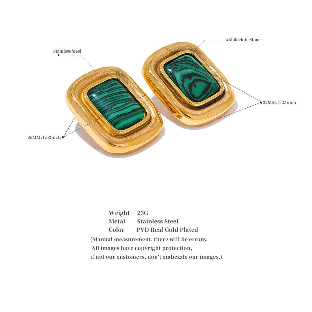 Yhpup Fashion Malachite Stone Stainless Steel Square Temperament Stud Earrings 18K Gold Color Waterproof Charm Jewelry for Women