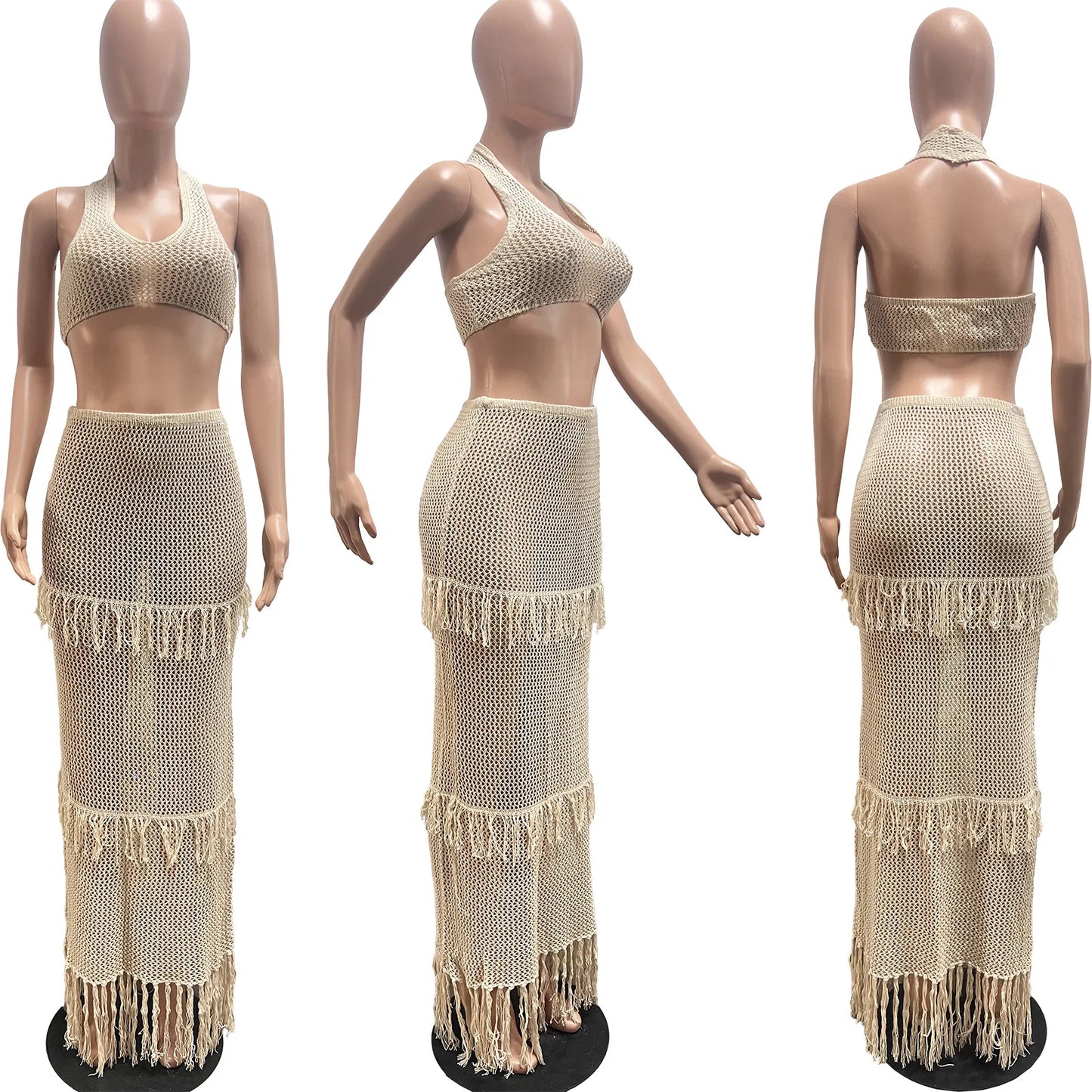 Leosoxs Beach Vacation 2 Piece Set Knit Women Y2K See Through Halter Low-Neck Tank Top+Tassel Multilayer Skirts Sexy Clubwear