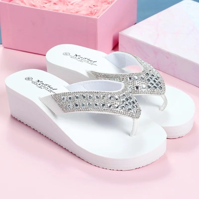 Women Summer Sandals Sequins Beach Female Flip Flops Ladies Slippers High Heels Shoes For Women 2024 Platform Wedges Slippers