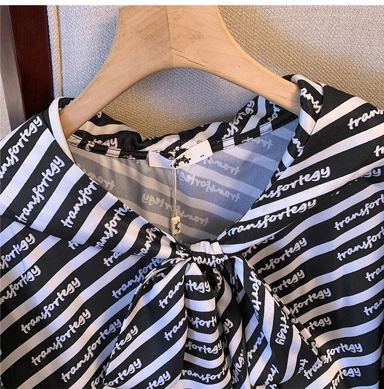 Plus size women's spring casual personality shirt Hooded design bow embellish party top Striped polyester commuter shirt