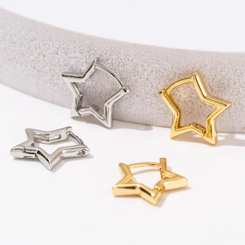 Statement Gold Color Plated Bold Star Hoops Tarnish Resistant For Women Huggies Earring Piercing Accessory Jewelry Gift