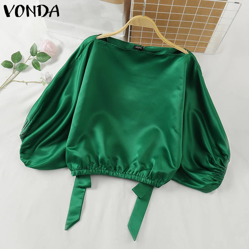 Plus Size Satin Silk Top Women Blouses Casual Long Lantern Sleeve Oversized Solid Color Blusas VONDA 2024 Bohemian O-Neck Tunic