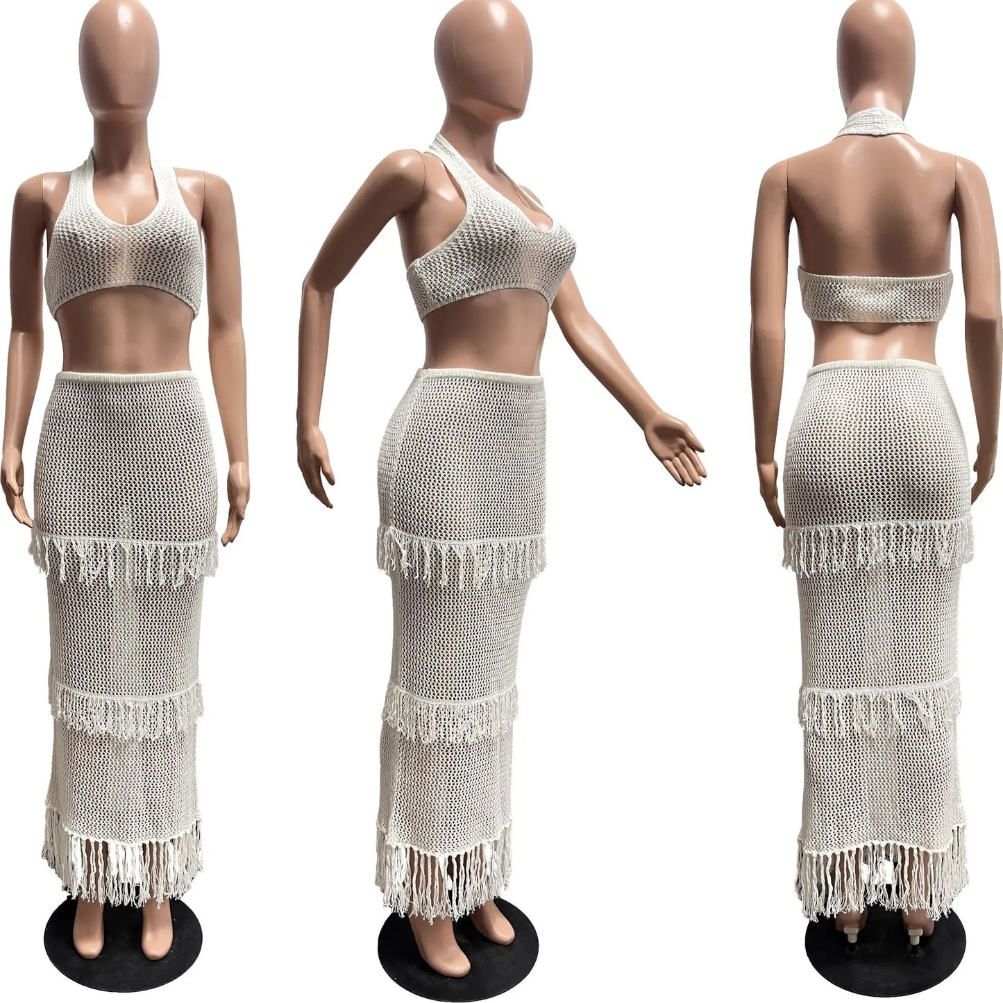 Leosoxs Beach Vacation 2 Piece Set Knit Women Y2K See Through Halter Low-Neck Tank Top+Tassel Multilayer Skirts Sexy Clubwear