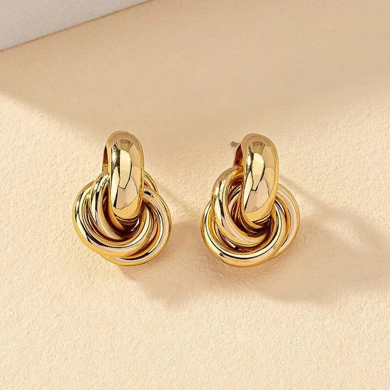 2 Pair Set Gold SIlver Color Knot Hoop Earring Set For Women Shiny Plating Trendy Earring Stud Cute Daily Wear Jewelry Set