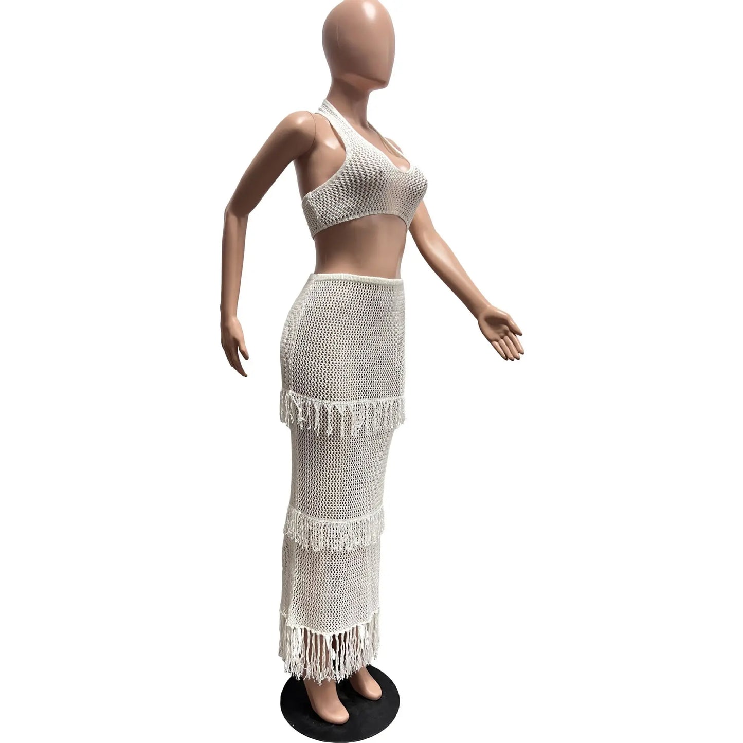 Leosoxs Beach Vacation 2 Piece Set Knit Women Y2K See Through Halter Low-Neck Tank Top+Tassel Multilayer Skirts Sexy Clubwear