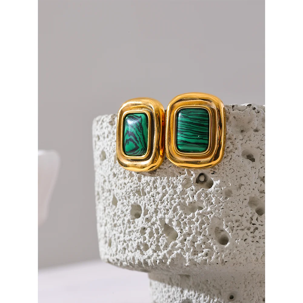 Yhpup Fashion Malachite Stone Stainless Steel Square Temperament Stud Earrings 18K Gold Color Waterproof Charm Jewelry for Women