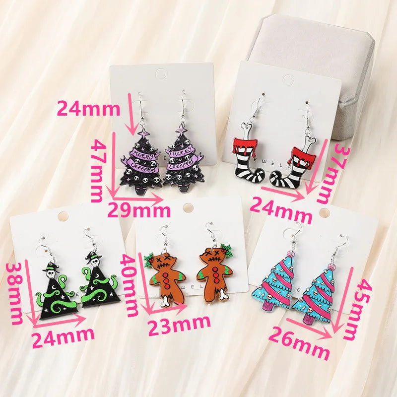 1Pair  Horror Christmas Tree Drop Earrings Creative Acrylic Creepy Gingerman For Woman Girl Holiday Birthday Gift