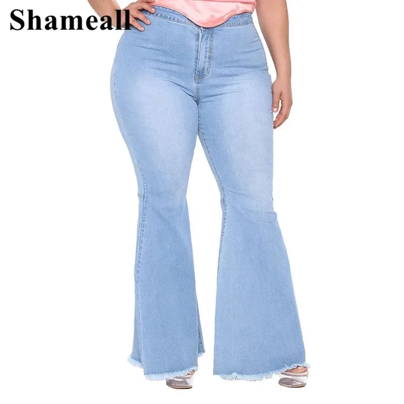 Plus Size High Waist Spliced Flared Jeans Mom 4XL Women Comfortable Elastic Tight Fringe Hem Wide Leg Trousers Women Bell Bottom